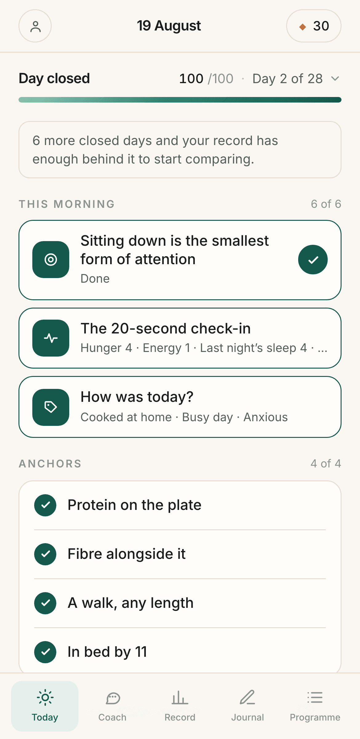 The ClearDays member home: score ring, today's action, and daily anchors